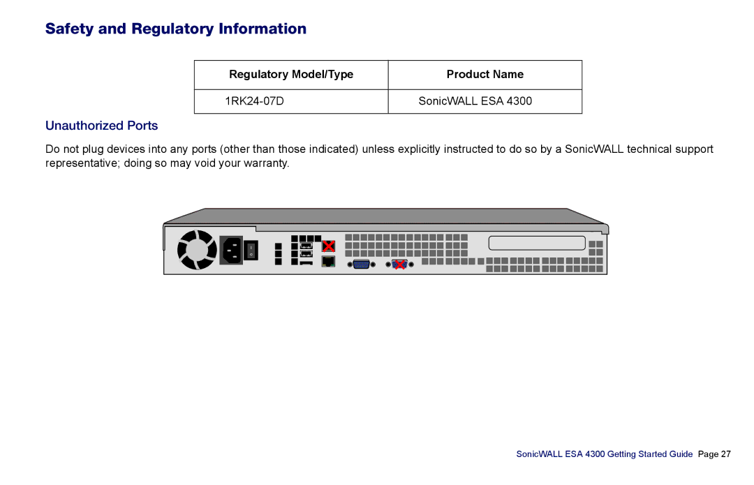 SonicWALL es4300 manual Safety and Regulatory Information, Unauthorized Ports 