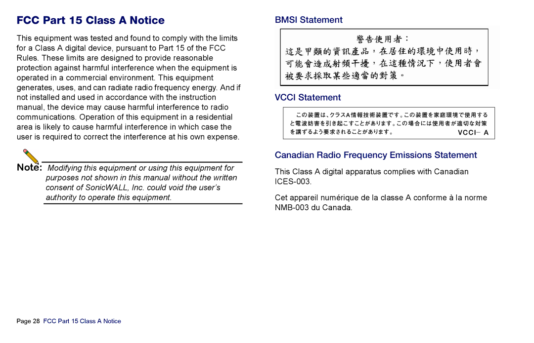 SonicWALL es4300 manual FCC Part 15 Class a Notice 