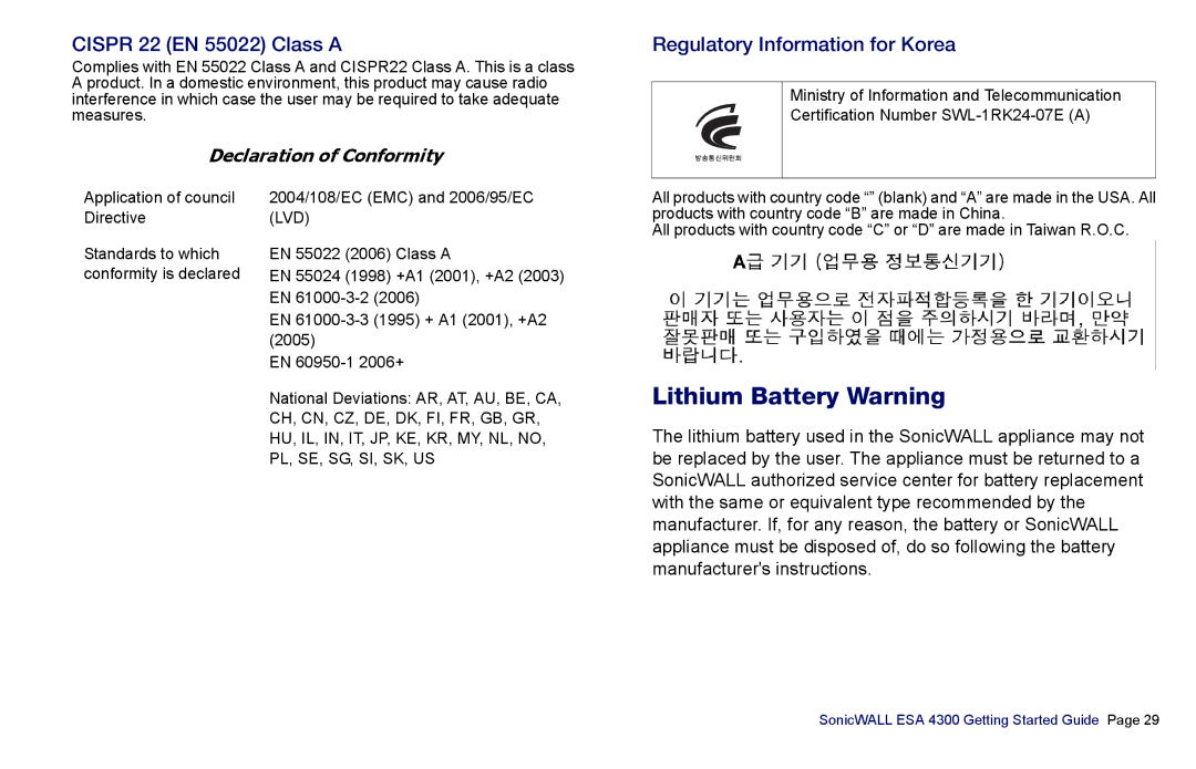 SonicWALL es4300 manual Lithium Battery Warning, Cispr 22 EN 55022 Class a, Regulatory Information for Korea 