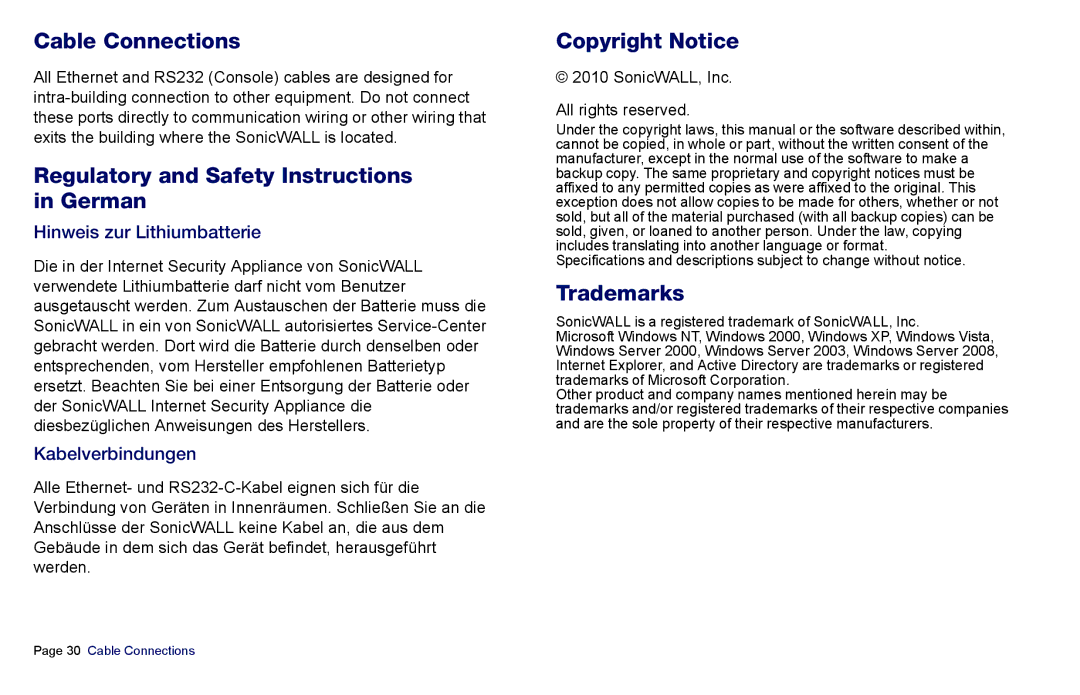 SonicWALL es4300 manual Cable Connections, Regulatory and Safety Instructions in German, Copyright Notice, Trademarks 