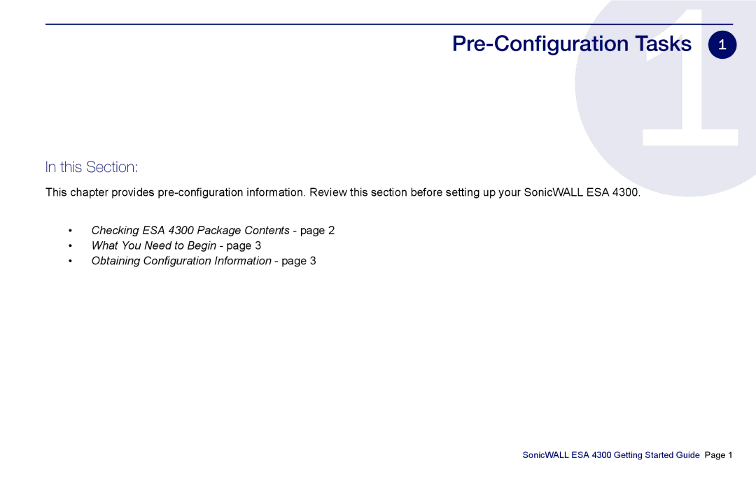 SonicWALL es4300 manual Pre-Configuration Tasks, This Section 