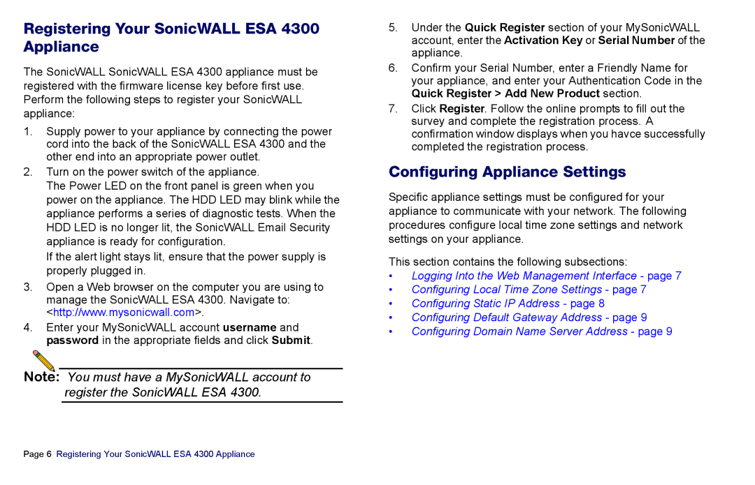 SonicWALL es4300 manual Registering Your SonicWALL ESA 4300 Appliance, Configuring Appliance Settings 