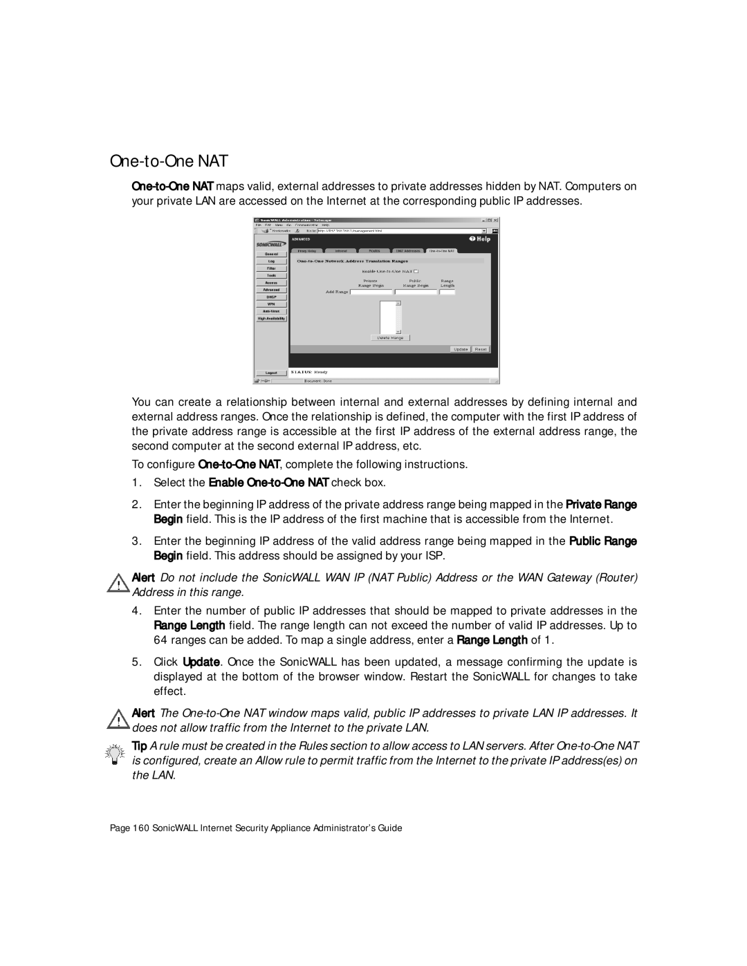 SonicWALL Internet Security Appliances manual Select the Enable One-to-One NAT check box 