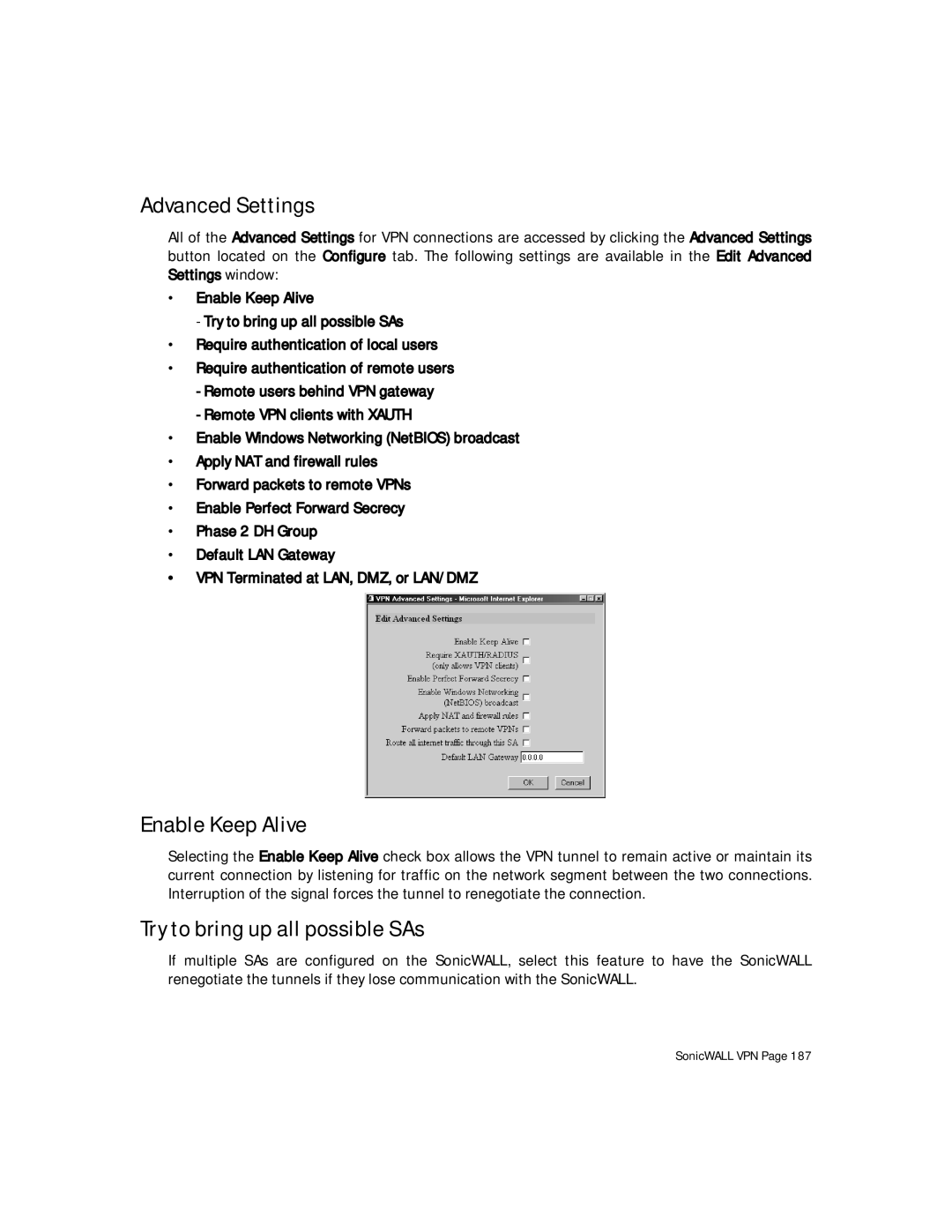 SonicWALL Internet Security Appliances manual Advanced Settings, Enable Keep Alive, Try to bring up all possible SAs 