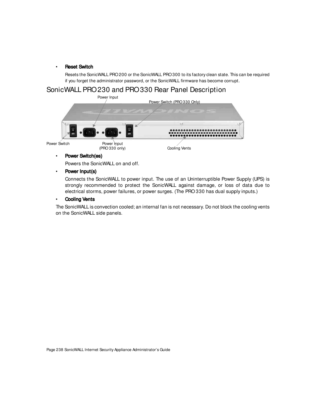 SonicWALL Internet Security Appliances SonicWALL PRO 230 and PRO 330 Rear Panel Description, Reset Switch, Power Switches 