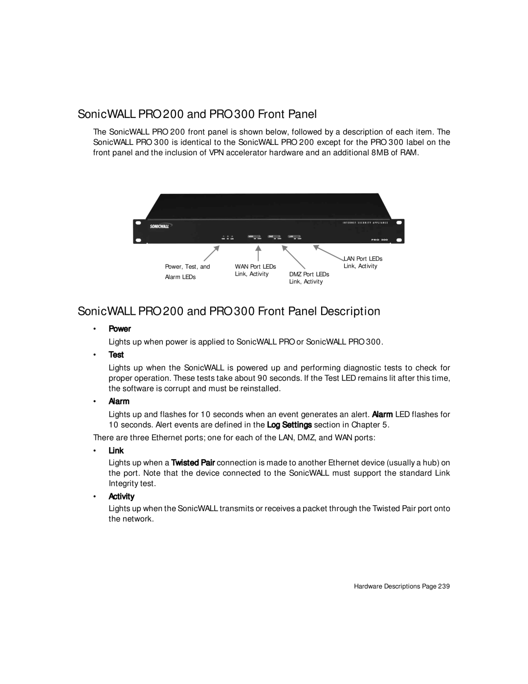 SonicWALL Internet Security Appliances manual SonicWALL PRO 200 and PRO 300 Front Panel 