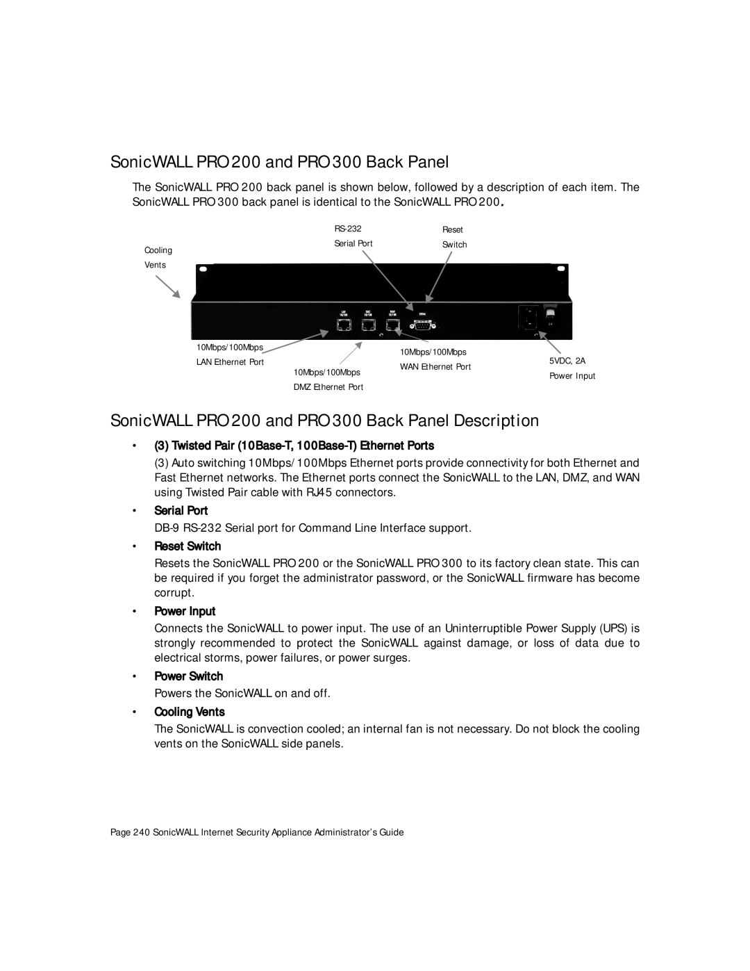 SonicWALL Internet Security Appliances manual SonicWALL PRO 200 and PRO 300 Back Panel, Power Input, Power Switch 