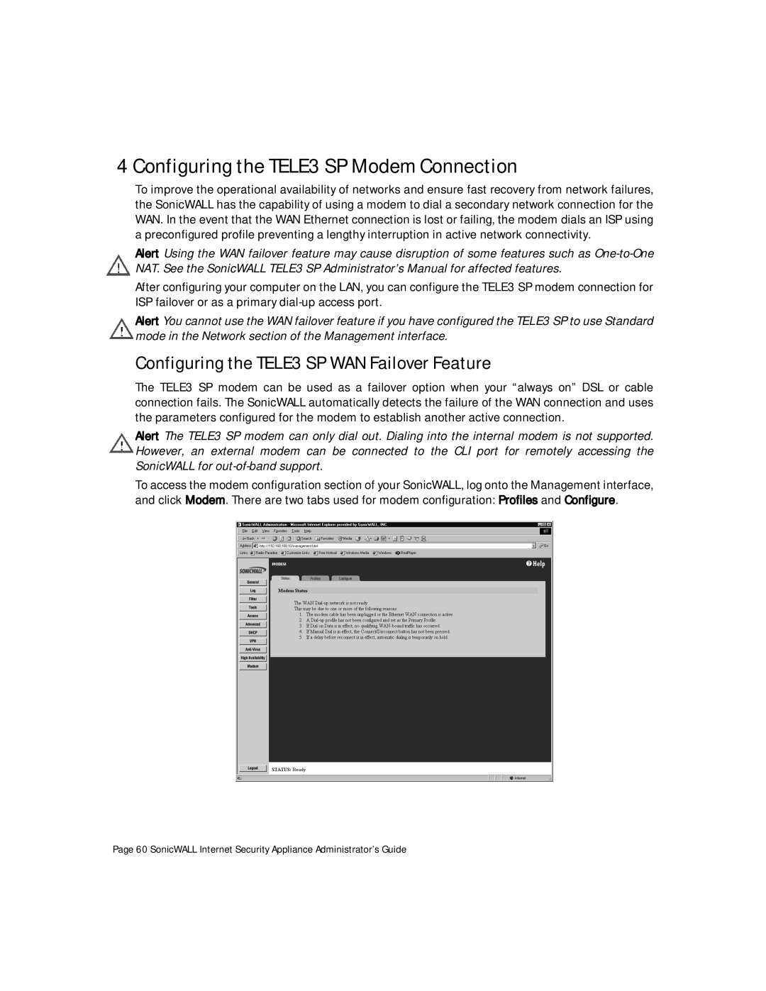 SonicWALL Internet Security Appliances manual Configuring the TELE3 SP Modem Connection 