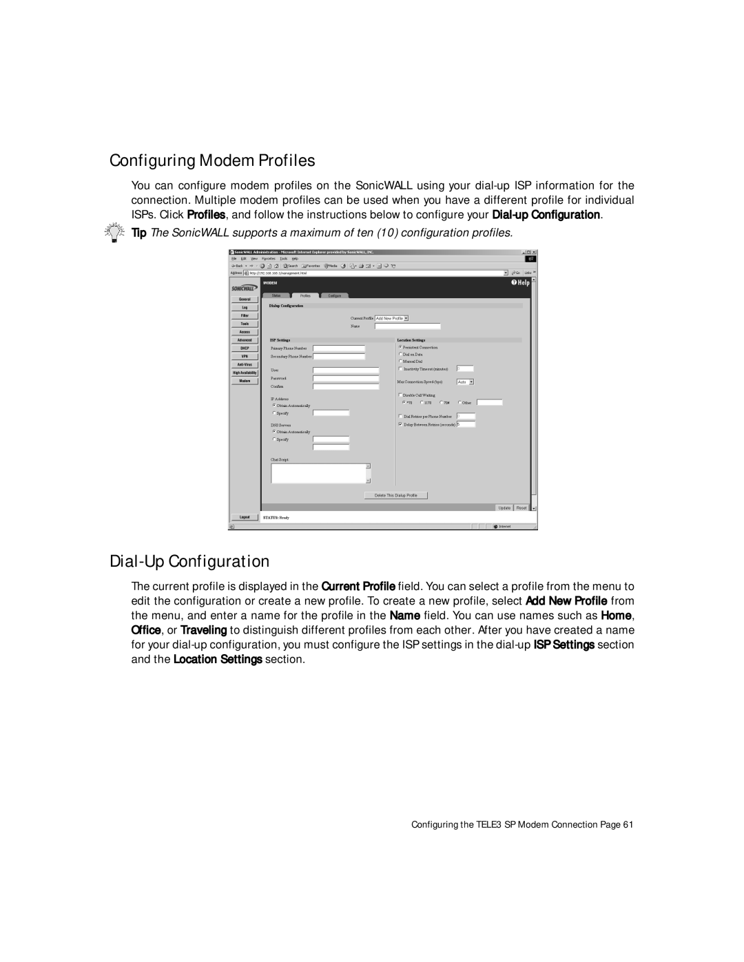 SonicWALL Internet Security Appliances manual Configuring Modem Profiles, Dial-Up Configuration 