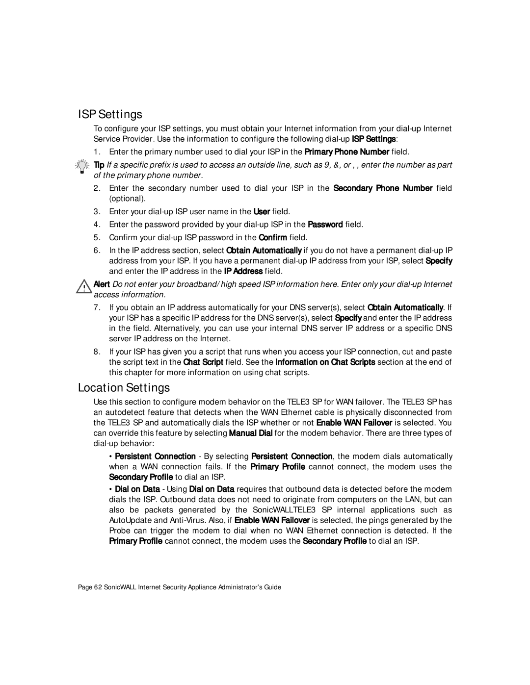 SonicWALL Internet Security Appliances manual ISP Settings, Location Settings 