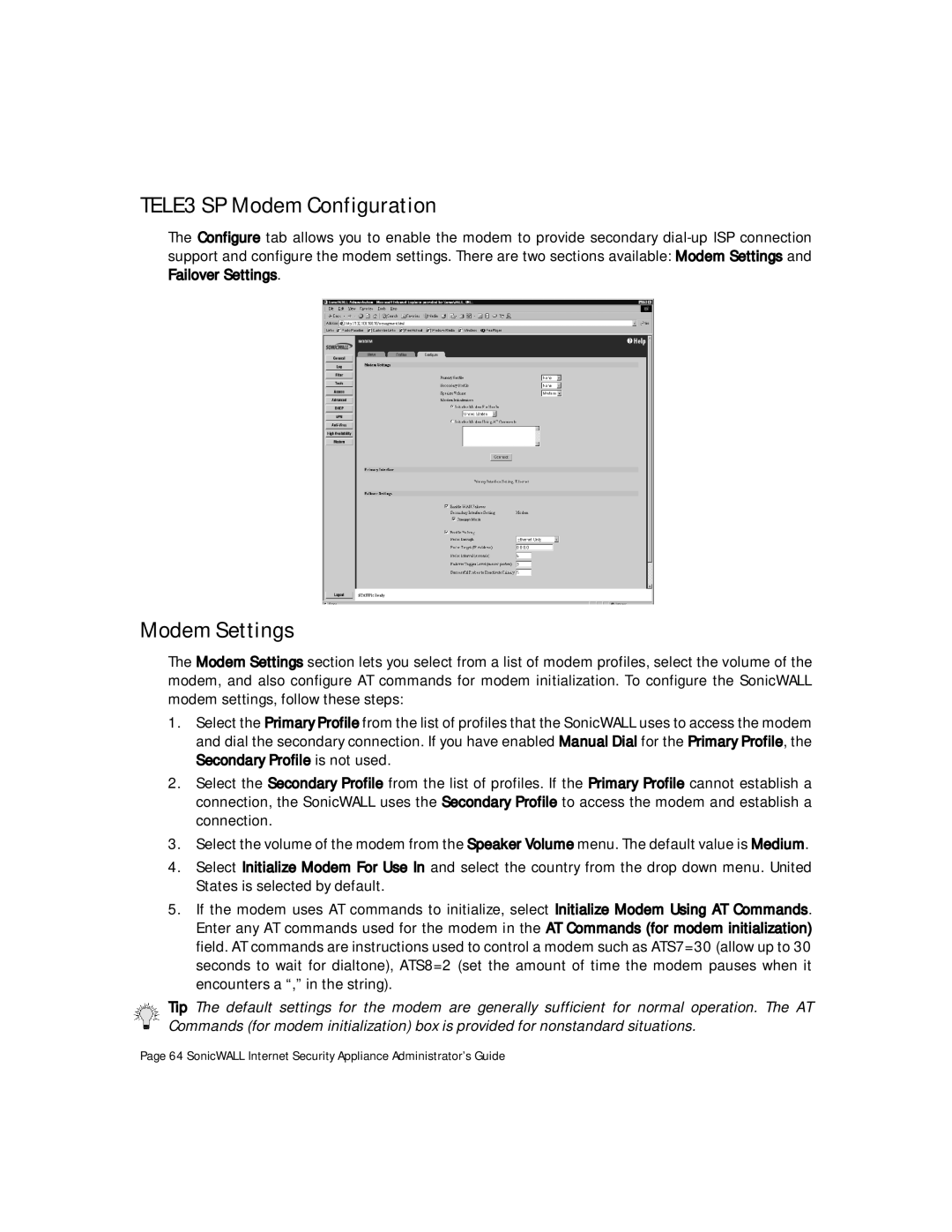 SonicWALL Internet Security Appliances manual TELE3 SP Modem Configuration, Modem Settings 