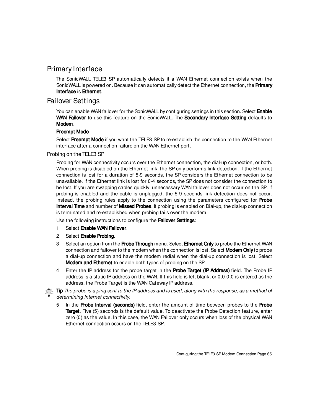 SonicWALL Internet Security Appliances manual Primary Interface, Failover Settings, Probing on the TELE3 SP, Preempt Mode 