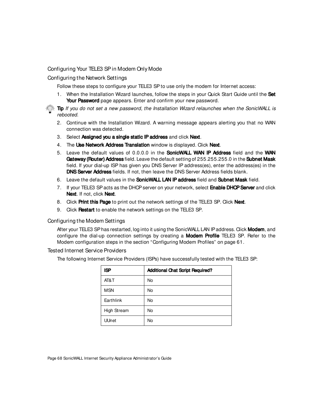 SonicWALL Internet Security Appliances manual Configuring the Modem Settings, Tested Internet Service Providers 