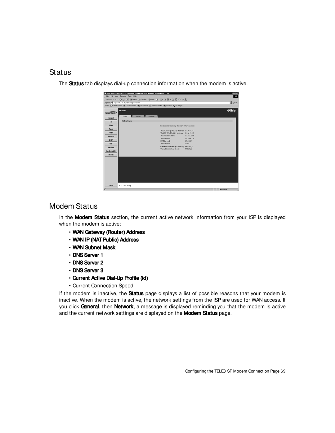 SonicWALL Internet Security Appliances manual Modem Status 