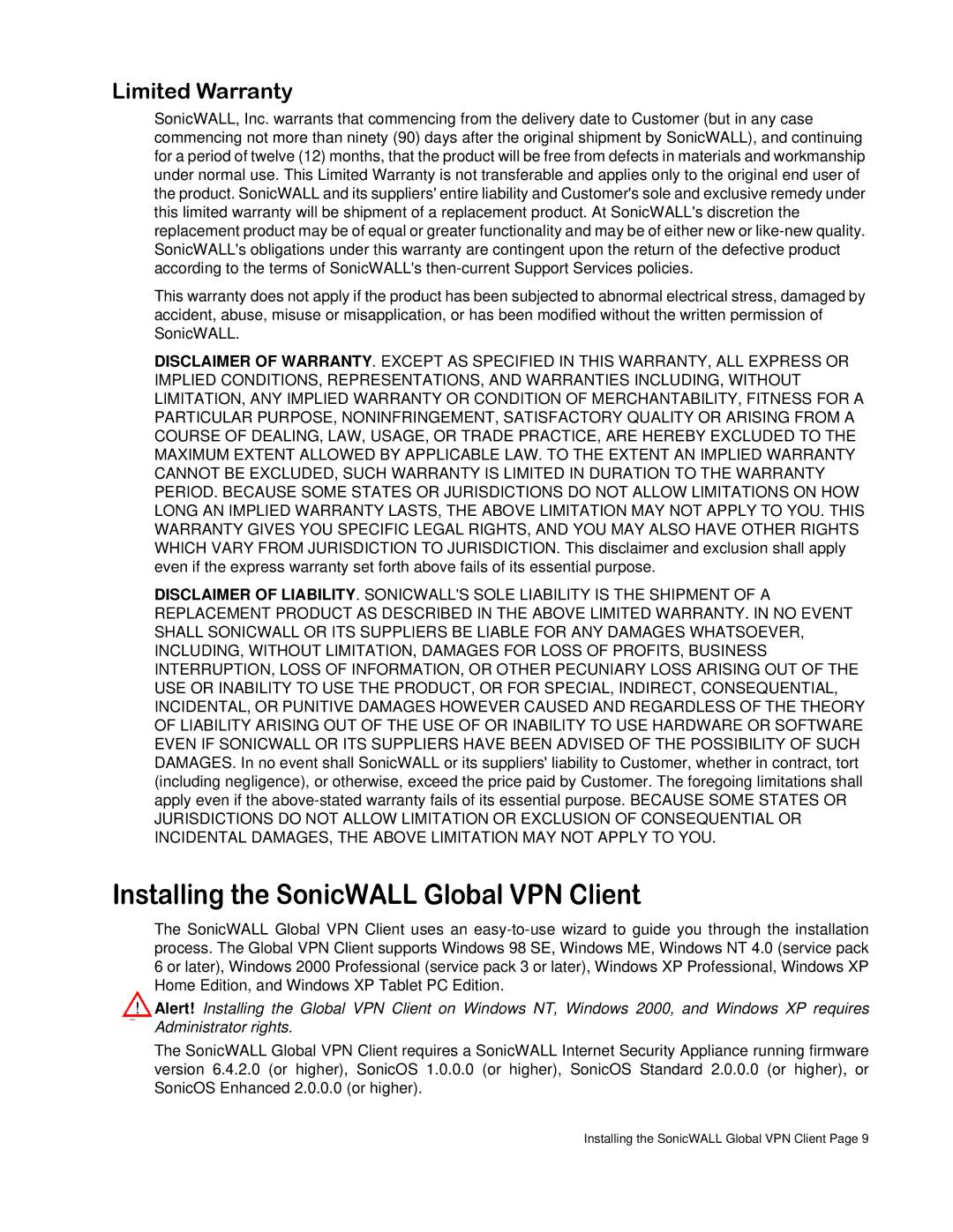 SonicWALL none manual Installing the SonicWALL Global VPN Client, Limited Warranty 