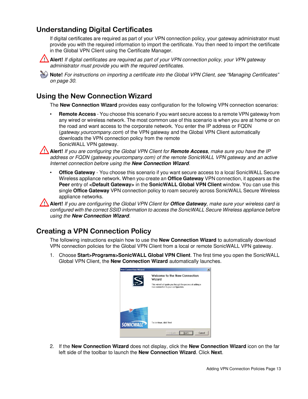 SonicWALL none manual Understanding Digital Certificates, Using the New Connection Wizard, Creating a VPN Connection Policy 