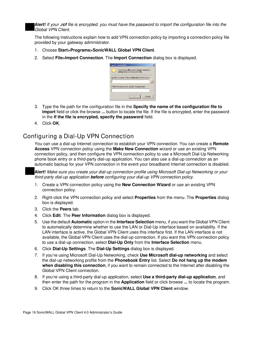 SonicWALL none manual Configuring a Dial-Up VPN Connection 