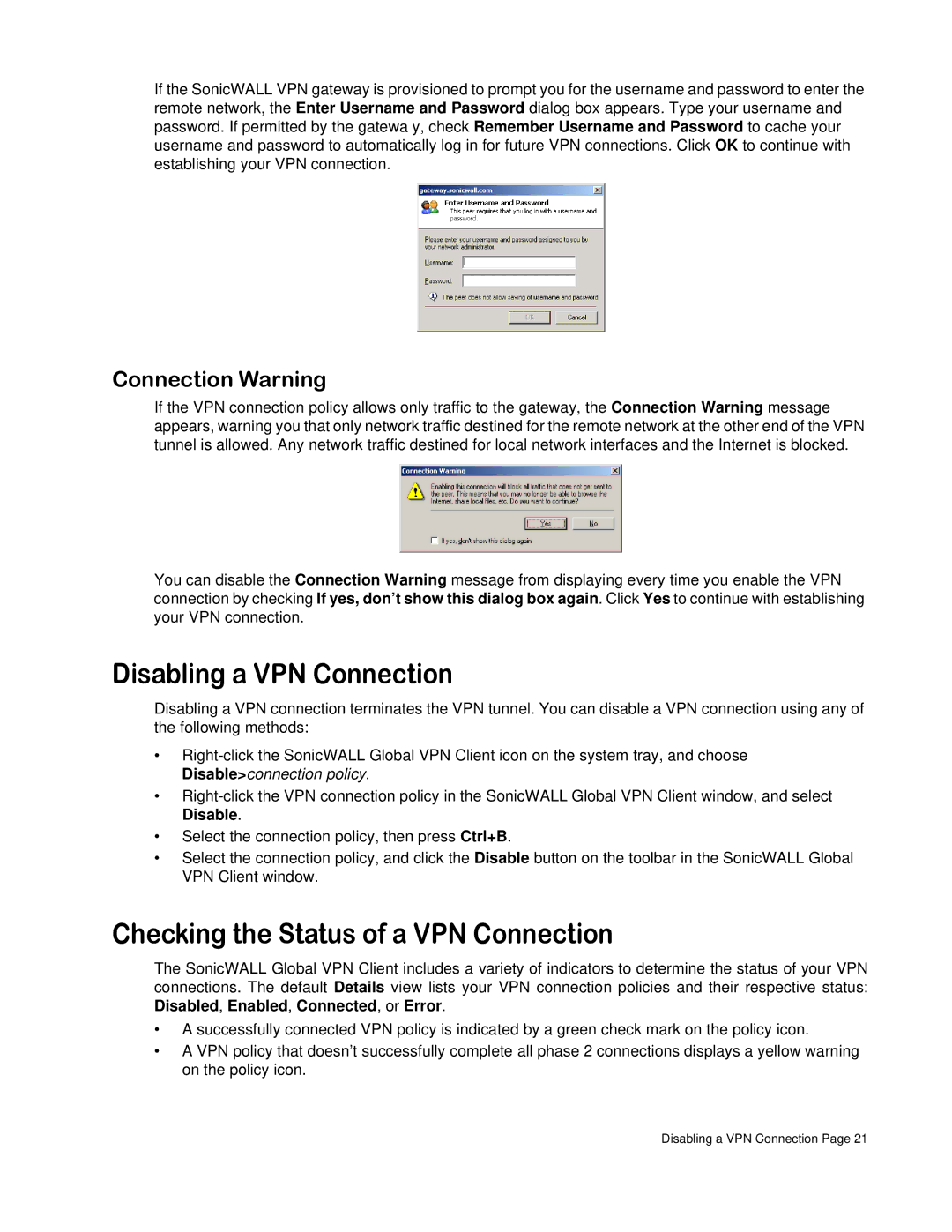 SonicWALL none manual Disabling a VPN Connection, Checking the Status of a VPN Connection, Connection Warning 