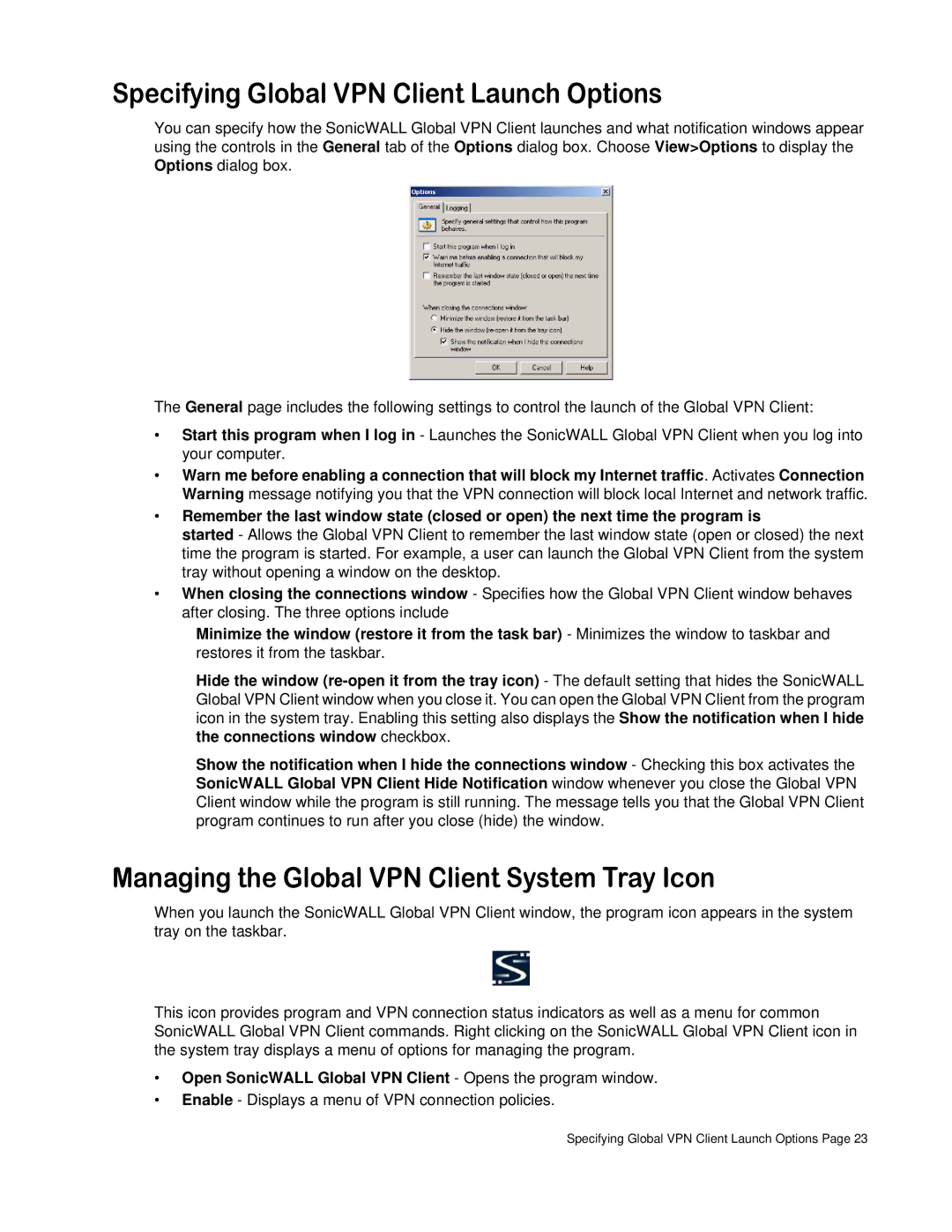 SonicWALL none manual Specifying Global VPN Client Launch Options, Managing the Global VPN Client System Tray Icon 