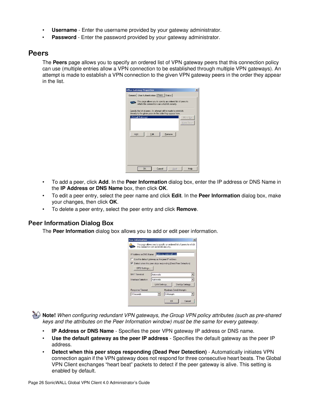 SonicWALL none manual Peers, Peer Information Dialog Box 