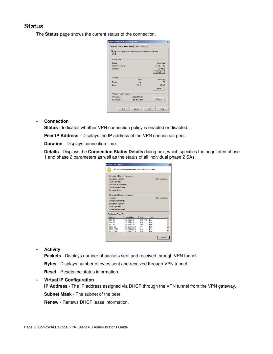 SonicWALL none manual Status, Connection, Activity, Virtual IP Configuration 