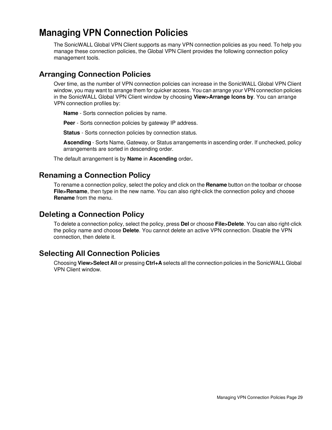 SonicWALL none manual Managing VPN Connection Policies, Arranging Connection Policies, Renaming a Connection Policy 