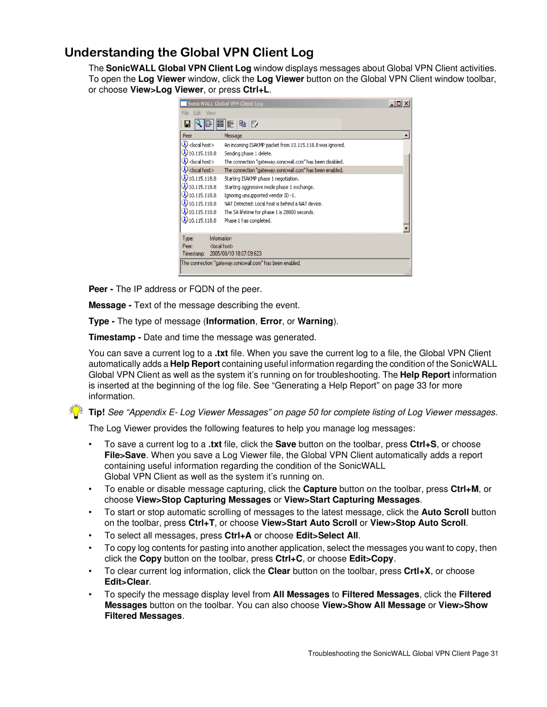 SonicWALL none manual Understanding the Global VPN Client Log, Type The type of message Information, Error, or Warning 