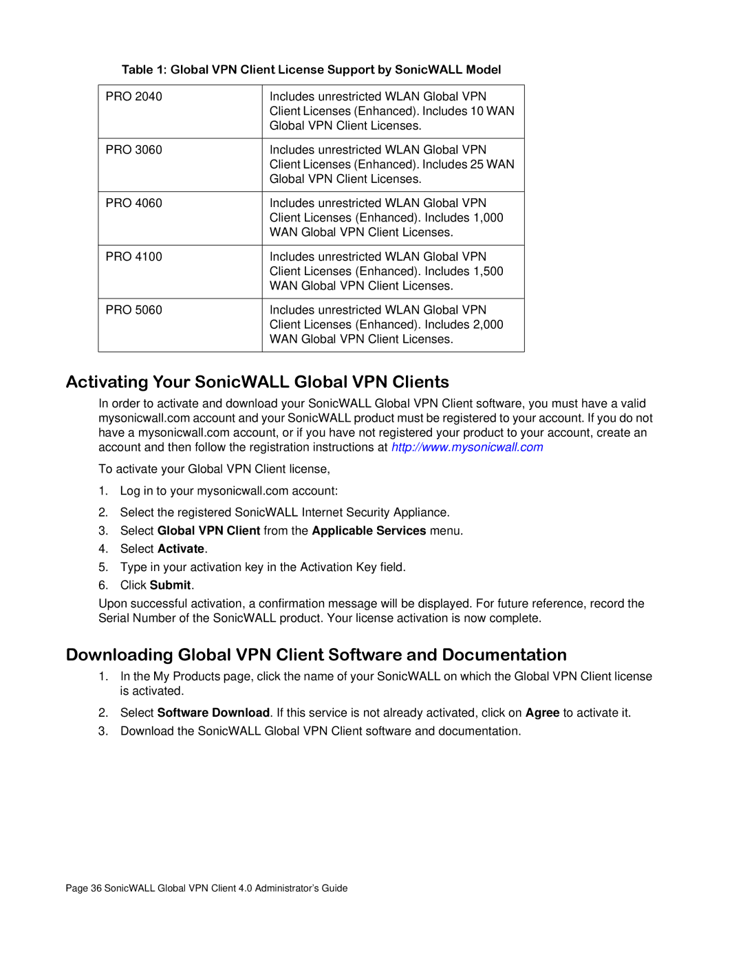 SonicWALL none Activating Your SonicWALL Global VPN Clients, Downloading Global VPN Client Software and Documentation 