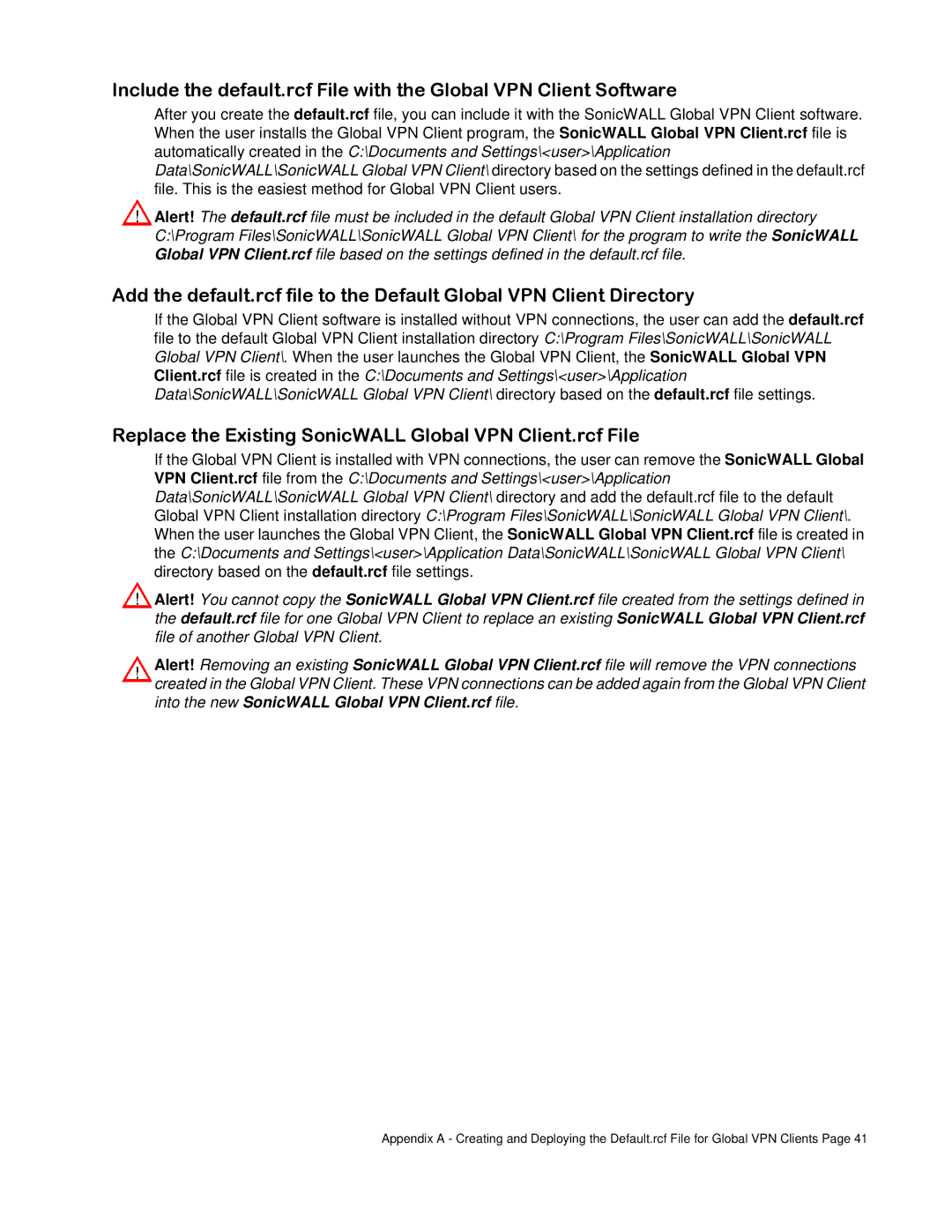 SonicWALL none manual Replace the Existing SonicWALL Global VPN Client.rcf File 