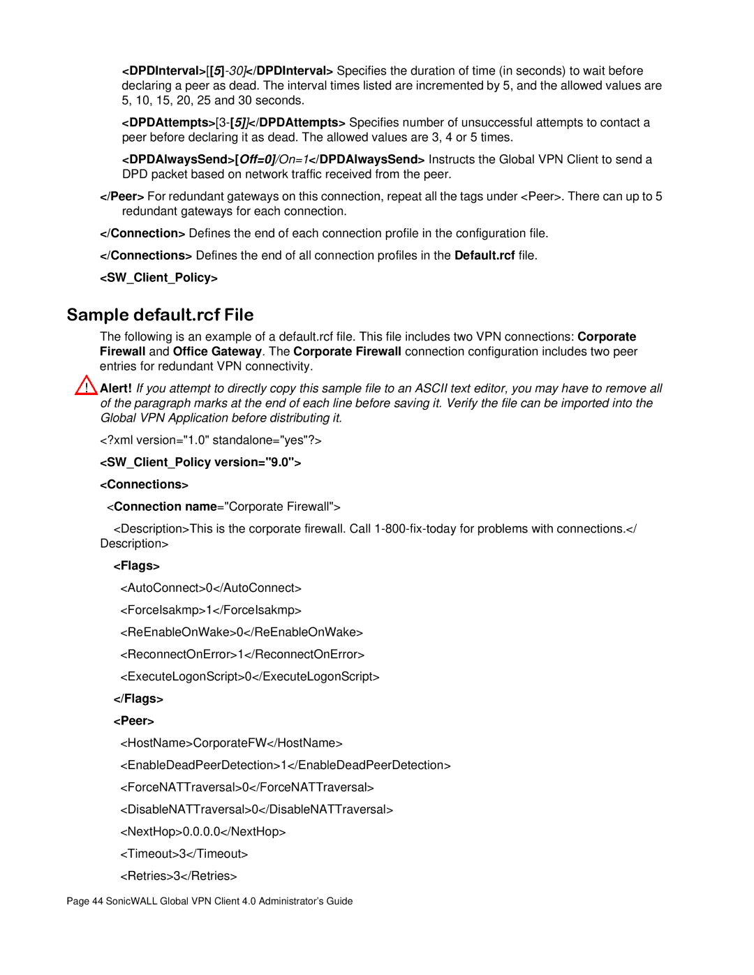 SonicWALL none manual Sample default.rcf File, SWClientPolicy version=9.0 Connections, Flags Peer 