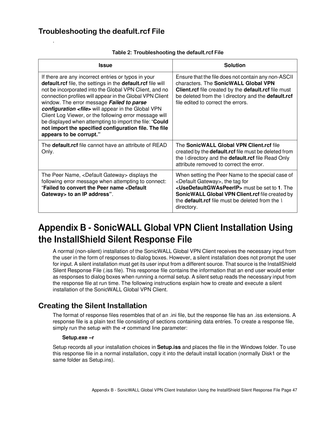 SonicWALL none manual Troubleshooting the deafult.rcf File, Creating the Silent Installation 