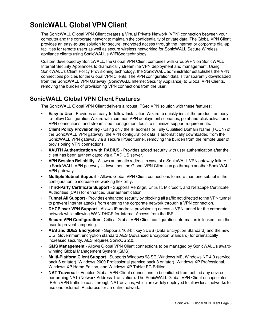 SonicWALL none manual SonicWALL Global VPN Client Features 