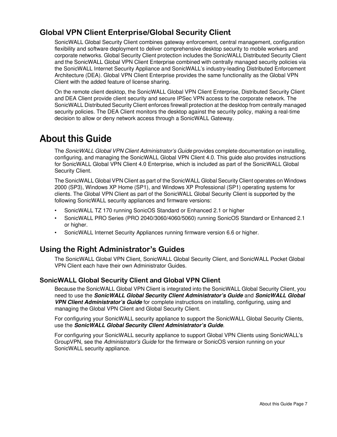 SonicWALL none manual About this Guide, Global VPN Client Enterprise/Global Security Client 