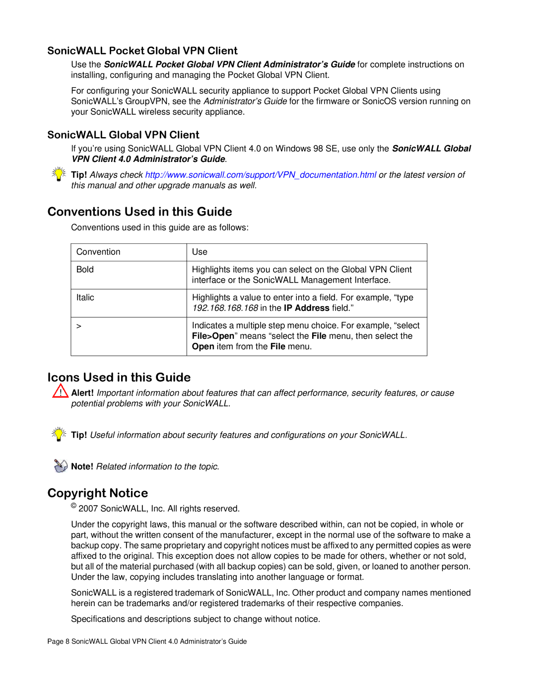 SonicWALL none Conventions Used in this Guide, Icons Used in this Guide, Copyright Notice, SonicWALL Global VPN Client 