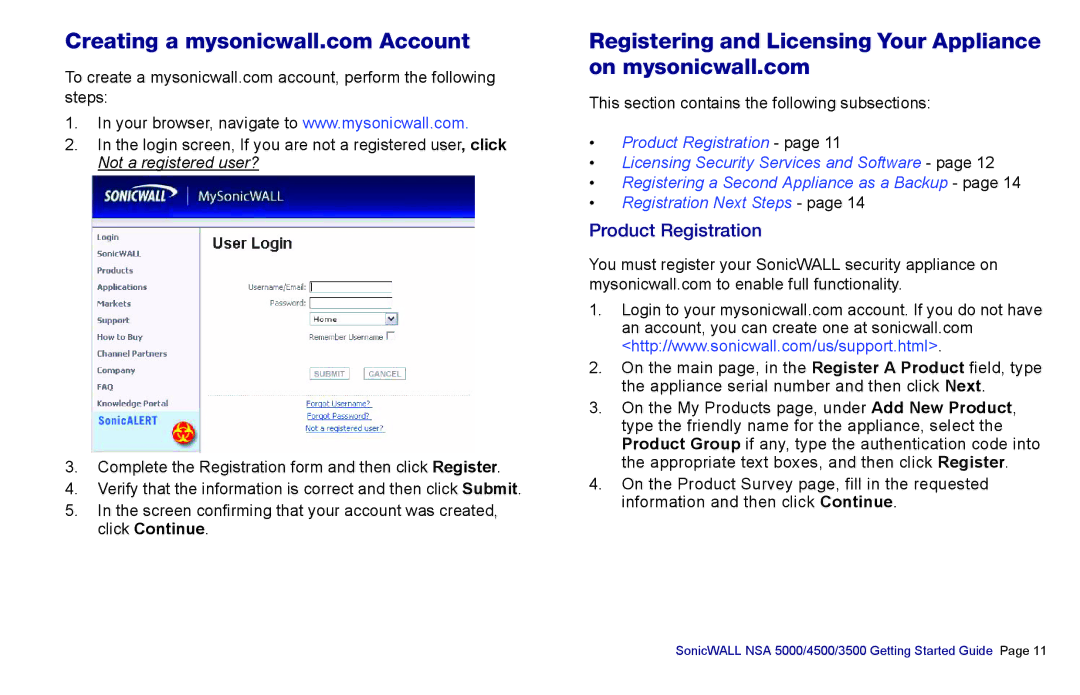 SonicWALL NSA 5000, 3500, 4500 manual Registering and Licensing Your Appliance on mysonicwall.com, Product Registration 