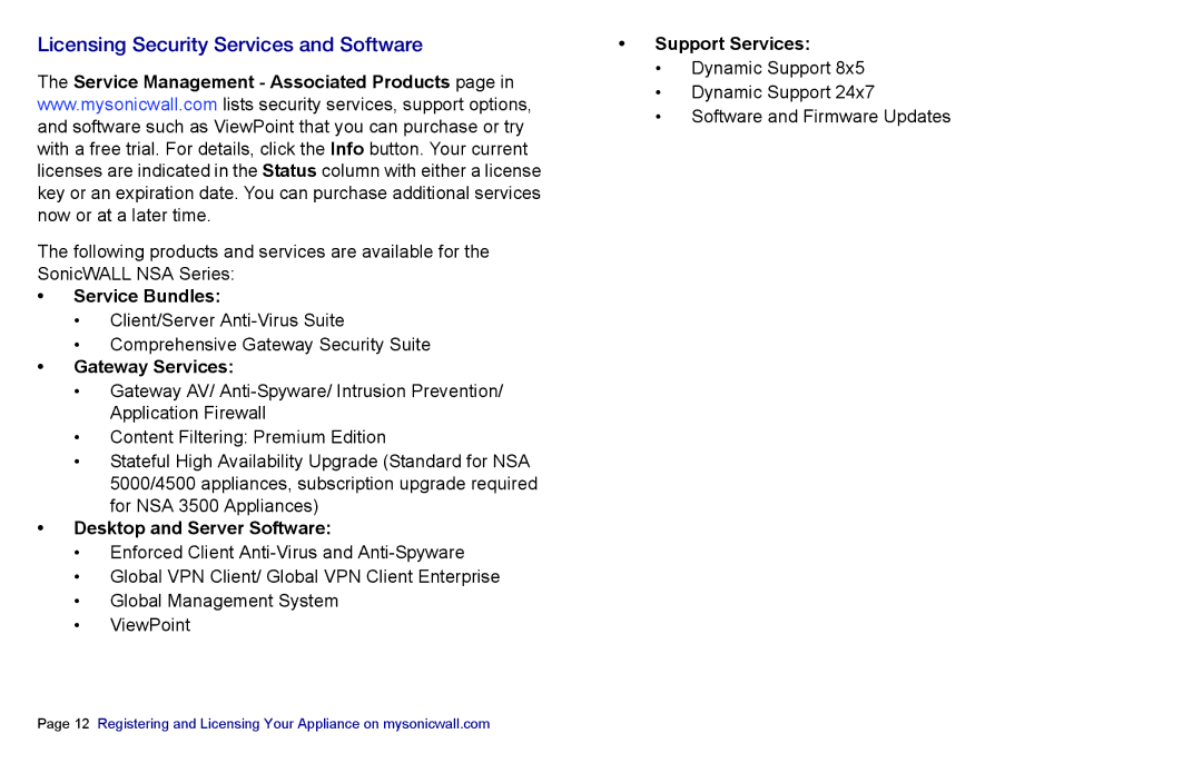 SonicWALL 3500 Licensing Security Services and Software, Service Bundles, Gateway Services, Desktop and Server Software 