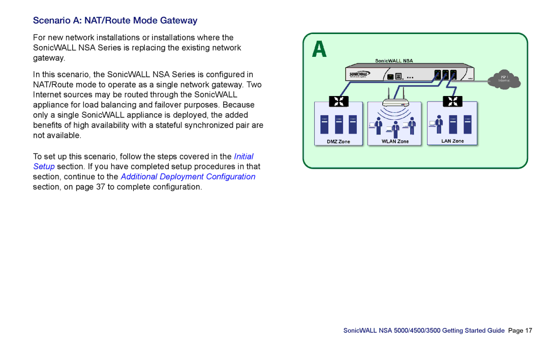 SonicWALL NSA 5000, 3500, 4500 manual Scenario a NAT/Route Mode Gateway 