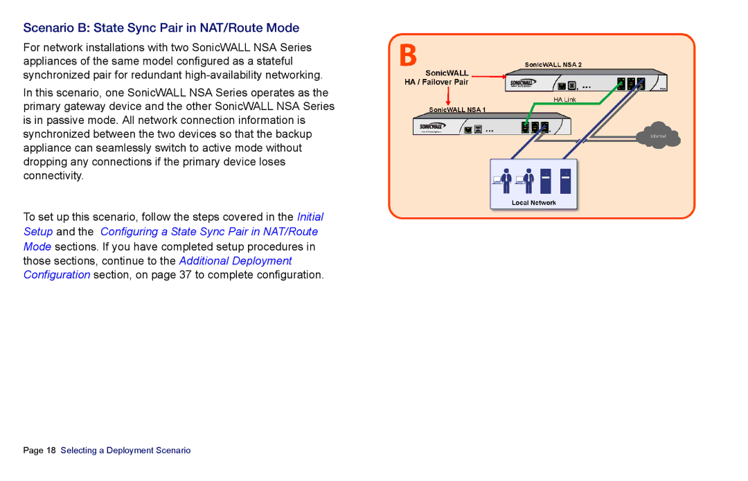 SonicWALL 3500, NSA 5000, 4500 manual Scenario B State Sync Pair in NAT/Route Mode 