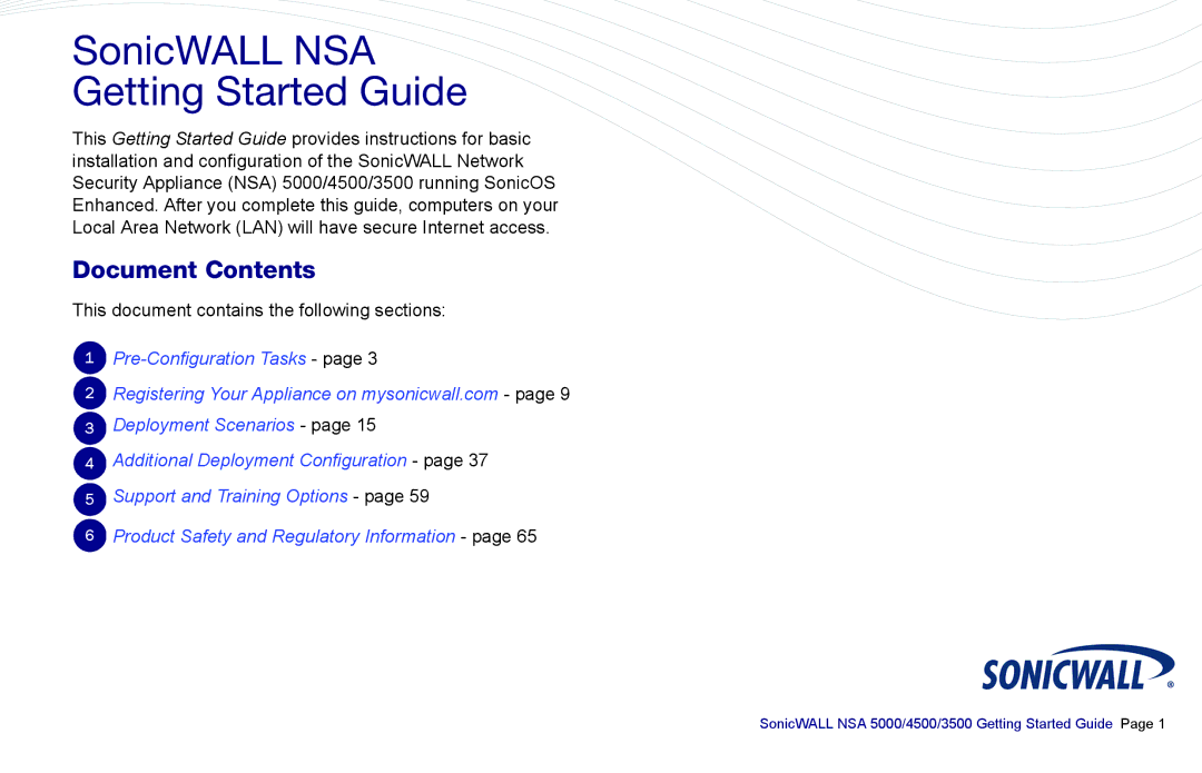 SonicWALL 4500, NSA 5000, 3500 manual SonicWALL NSA Getting Started Guide, Document Contents 