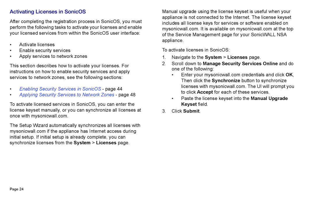 SonicWALL 3500, NSA 5000, 4500 manual Activating Licenses in SonicOS 