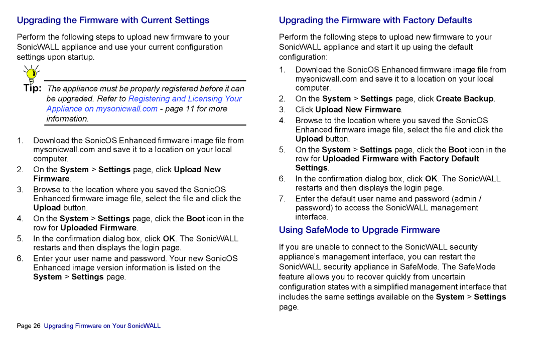 SonicWALL NSA 5000, 3500, 4500 Upgrading the Firmware with Current Settings, Upgrading the Firmware with Factory Defaults 