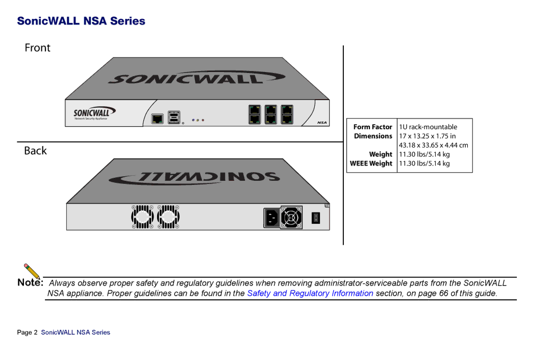 SonicWALL NSA 5000, 3500, 4500 manual Back, SonicWALL NSA Series 