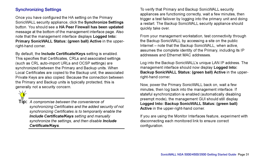 SonicWALL 4500, NSA 5000, 3500 manual Synchronizing Settings 