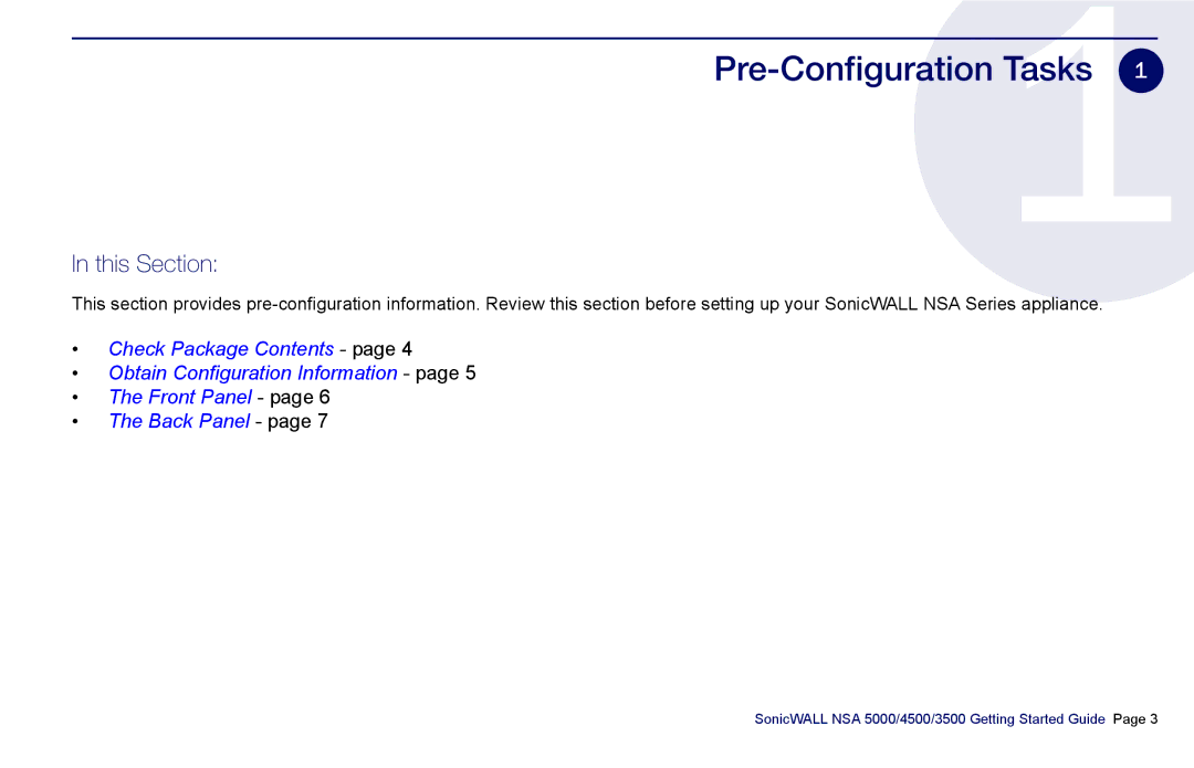 SonicWALL 3500, NSA 5000, 4500 manual Pre-Configuration Tasks, This Section 