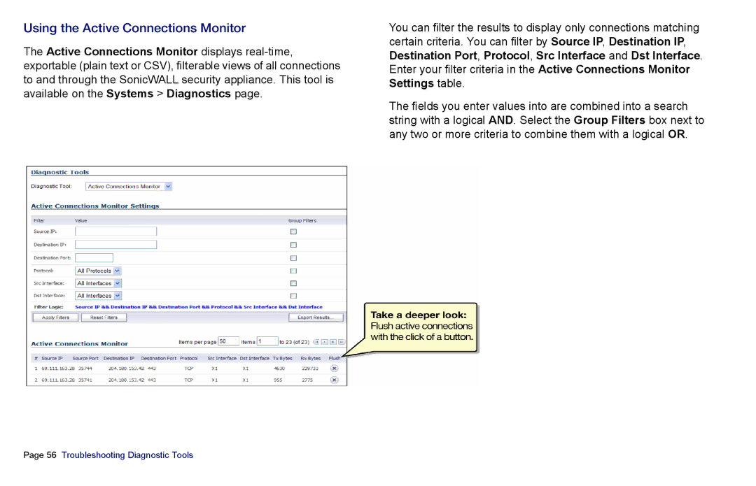 SonicWALL NSA 5000, 3500, 4500 manual Using the Active Connections Monitor 