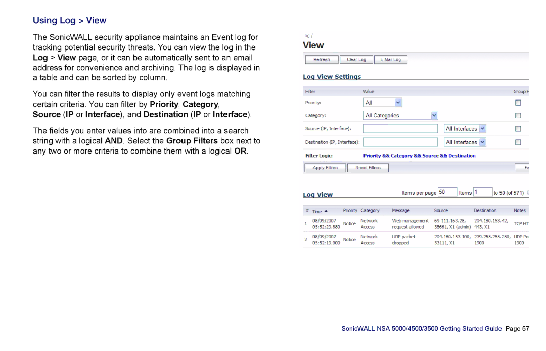 SonicWALL 3500, NSA 5000, 4500 manual Using Log View 