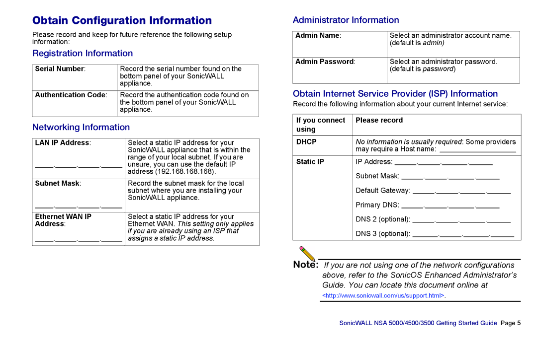 SonicWALL NSA 5000, 3500, 4500 manual Obtain Configuration Information, Registration Information, Networking Information 