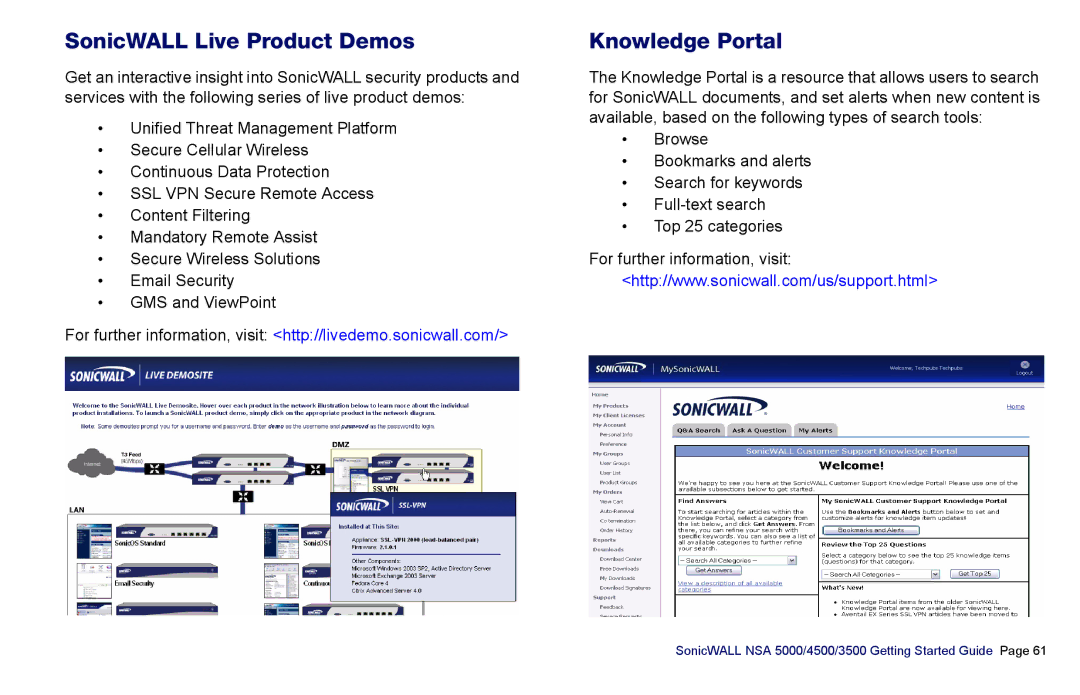 SonicWALL 4500, NSA 5000, 3500 manual SonicWALL Live Product Demos, Knowledge Portal 