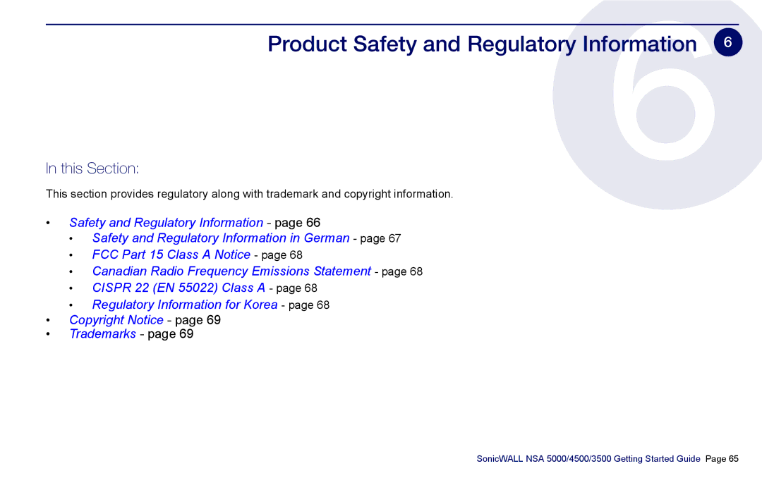 SonicWALL NSA 5000, 3500, 4500 manual Product Safety and Regulatory Information 