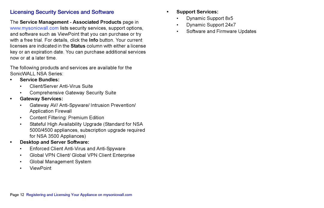 SonicWALL 3500, NSA 5000, 4500 manual Licensing Security Services and Software 
